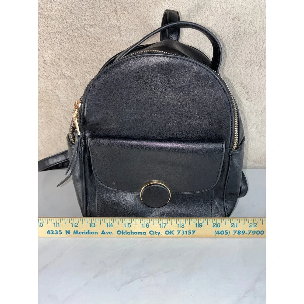 Black Faux Leather Mini Backpack - Small - Gold Hardware Chain Lining Chic Dark